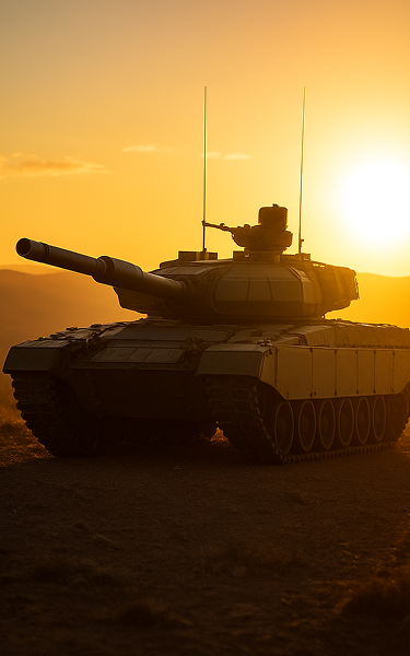 Battle tank at sunset symbolising advanced defence manufacturing under SAMAR.