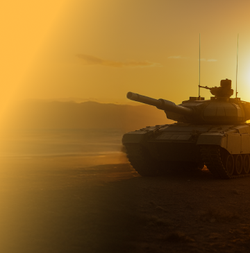 Battle tank in sunset light symbolising defence innovation and self-reliance under the SAMAR program.