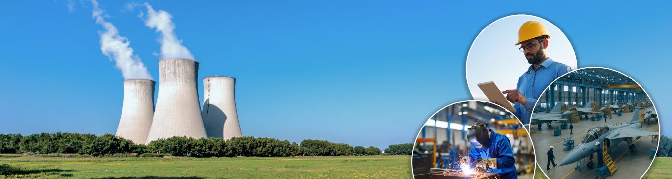 NDIE banner image featuring the power, manufacturing, and defence industries, symbolising the ZED, LEAN, and SAMAR programs.